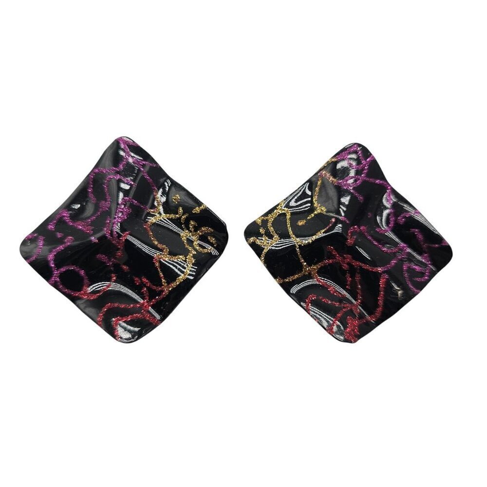 Vintage 1980s Abstract Black Enamel Earrings With Pink Gold Swirls